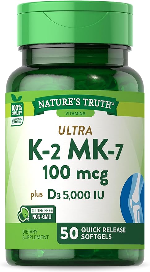 Vitamin K2 MK7 Complex | 100 mcg | 50 Softgels | with Vitamin D3 | Non-GMO & Gluten Free Supplement | by Nature's Truth