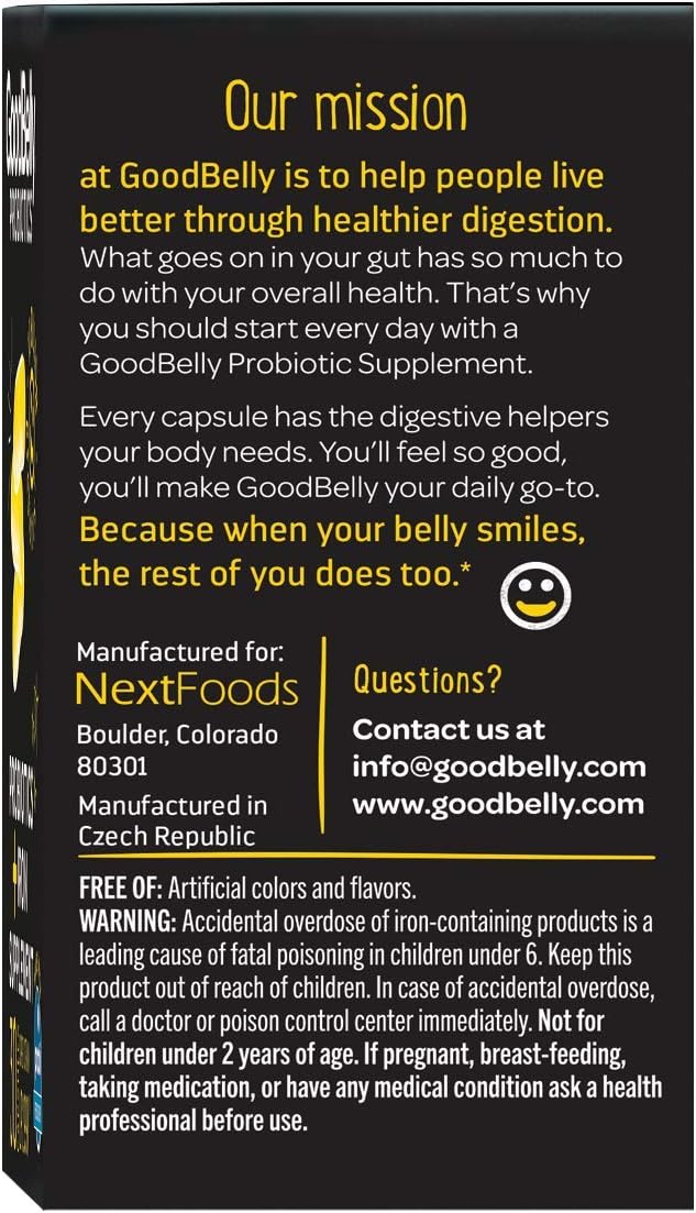 GoodBelly® Probiotic Supplement for Digestive Health & Iron Absorption- Includes 10 Billion Live & Active Cultures of Lactobacillus Plantarum - Vegan Probiotic (30 Capsules per Bottle)