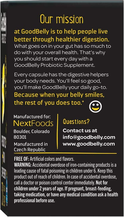 GoodBelly® Probiotic Supplement for Digestive Health & Iron Absorption- Includes 10 Billion Live & Active Cultures of Lactobacillus Plantarum - Vegan Probiotic (30 Capsules per Bottle)