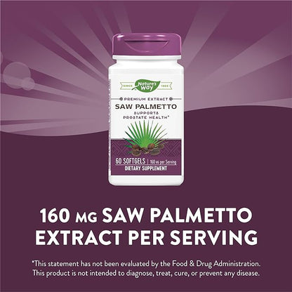 Nature's Way Premium Extract Saw Palmetto - 160 mg Saw Palmetto extract per Serving – Supports Prostate Health* - Prostate Health for Men* - Gluten Free - 60 Softgels