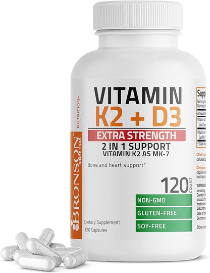 Bronson Vitamin K2 (MK7) with D3 Extra Strength Supplement Bone and Heart Health Non-GMO Formula 10,000 IU Vitamin D3 & 120 mcg Vitamin K2 MK-7 Easy to Swallow Vitamin D & K, 120 Capsules