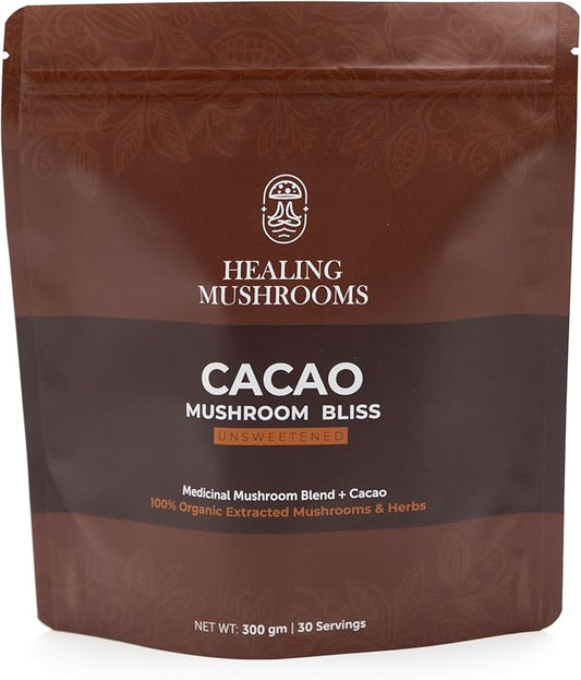 Cacao Mushroom Bliss, Hot Chocolate with Extract Mushroom Blend (Lions Mane Cordyceps Chaga & Shiitake) Rhodiola Rosea, Ashwagandha & Maca Extract. (UNSWEETENED)