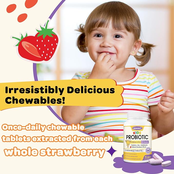 Kids Probiotic Chewables for Digestive Health with 5 Billion CFUs, Prebiotics and Probiotics for Kids for Gut Health, Immune Support, Nutrient Absorb, Vitamin C, Zinc, 75 Servings, Strawberry Flavor