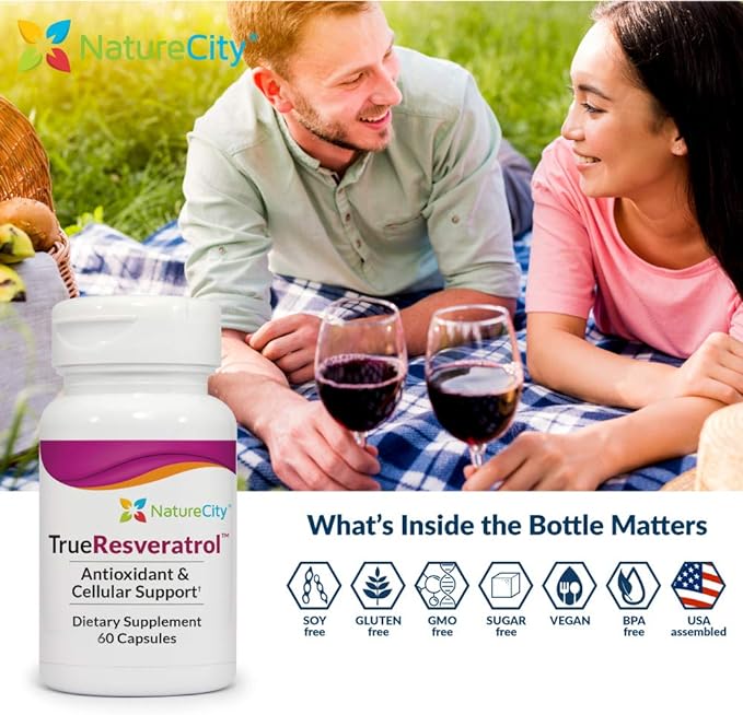 True-Resveratrol - 75mg of 98% Pure Veri-te | Trans-Resveratrol Antioxidants Supplement (60 Veggie Capsules) | Anti Aging Supplement | Immune, Bone, and Cognitive Support | Knotweed Free