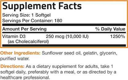 Bronson Vitamin D3 10,000 IU (250 mcg) High Potency - Supports Healthy Immune System, Strong Bones, Muscles & Teeth - Non GMO, 180 Softgels