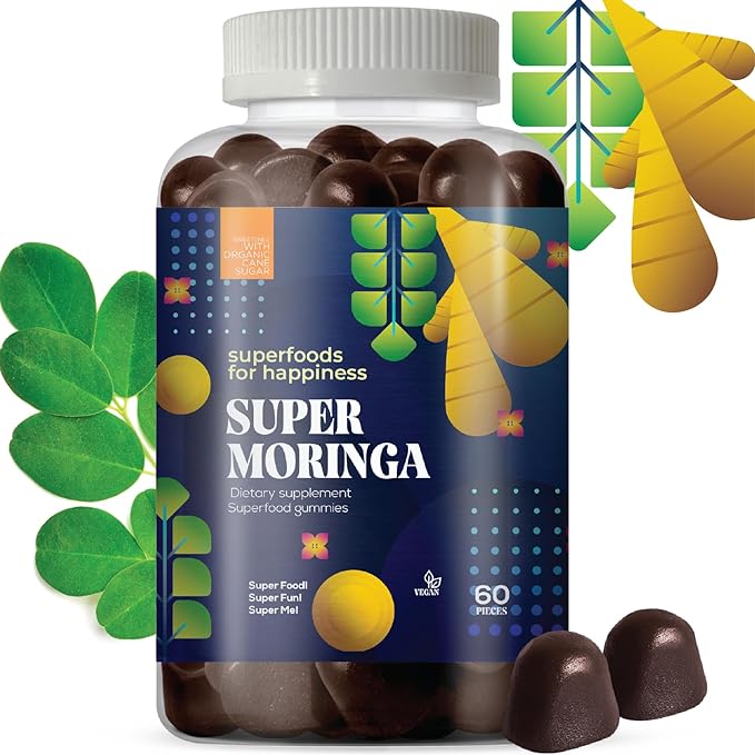 Moringa Gummies with Ginger & Natural Cane Sugar - 2 Month Supply - Chewable Vitamins for Adults, Supplement Made with Real Vegetables, Plant-Based, Vegan, Gluten-Free, Non-GMO Gummy Vitamins