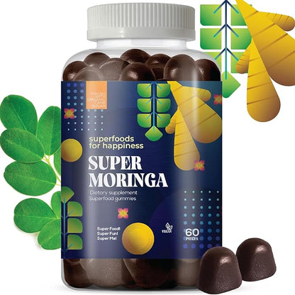 Moringa Gummies with Ginger & Natural Cane Sugar - 2 Month Supply - Chewable Vitamins for Adults, Supplement Made with Real Vegetables, Plant-Based, Vegan, Gluten-Free, Non-GMO Gummy Vitamins