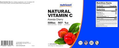 Nutricost Natural Vitamin C - Acerola Cherry Powder 1LB - Gluten Free & Non-GMO