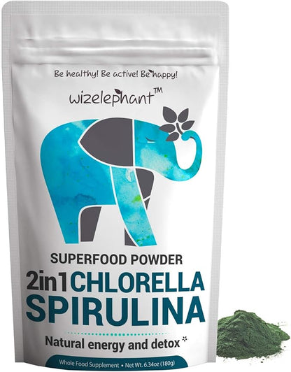 Spirulina Chlorella Powder. 2 in 1- Premium Grade - Non GMO. Rich in Chlorophyll for Natural Energy. Cracked Cell Wall for Better Absorption & Powerful Detox. 90 Servings