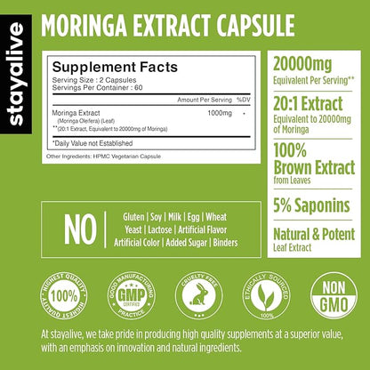 StayAlive Pure Moringa Capsules, Equivalent to 20000mg, Extra Strength, Green Extract Supplement, 120 Vegan Pills, Supplement for Immune, Digestive & Body Support