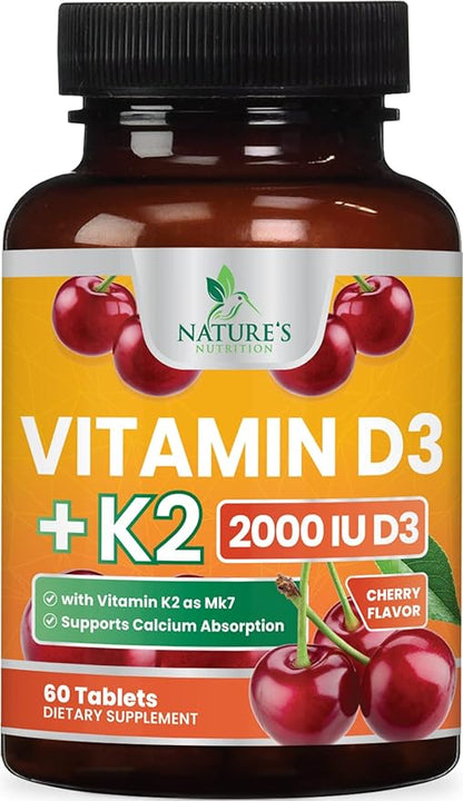 Vitamin D3 K2 as MK-7 with 2000iu of D3 & 75mcg K2, Vitamin K2 D3 Bone Strength Supplements Support Calcium Absorbtion for Teeth & Bone Health + Muscle & Immune Health Support - 60 Chewable Tablets