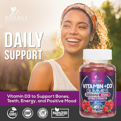 Vitamin D3 Gummies 5,000 IU Extra Strength 125 mcg D3 Supplement Gummy - Support Natural Bone, Muscle, & Immune Health - Gluten Free - Non-GMO - Nature's Raspberry Flavor - 60 Gummies - 60 Day Supply