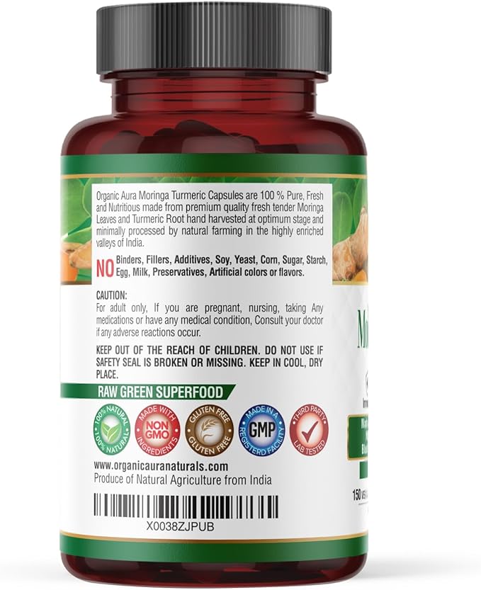 Moringa Turmeric Curcumin Capsule. 150 Veg. Whole Green Superfood. Natural Essential Nutrition - Energy, Stamina, Metabolism, Immunity and Endurance. Non GMO and Gluten Free.