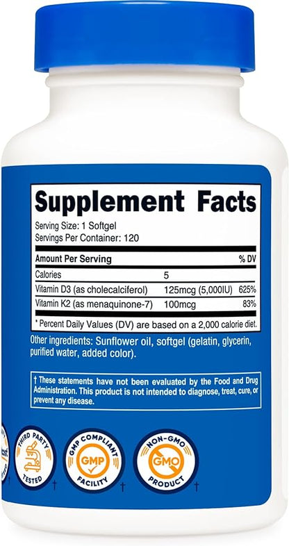 Nutricost Vitamin K2 (MK7) (100mcg) + Vitamin D3 (5000 IU) 120 Softgels - Gluten Free and Non-GMO