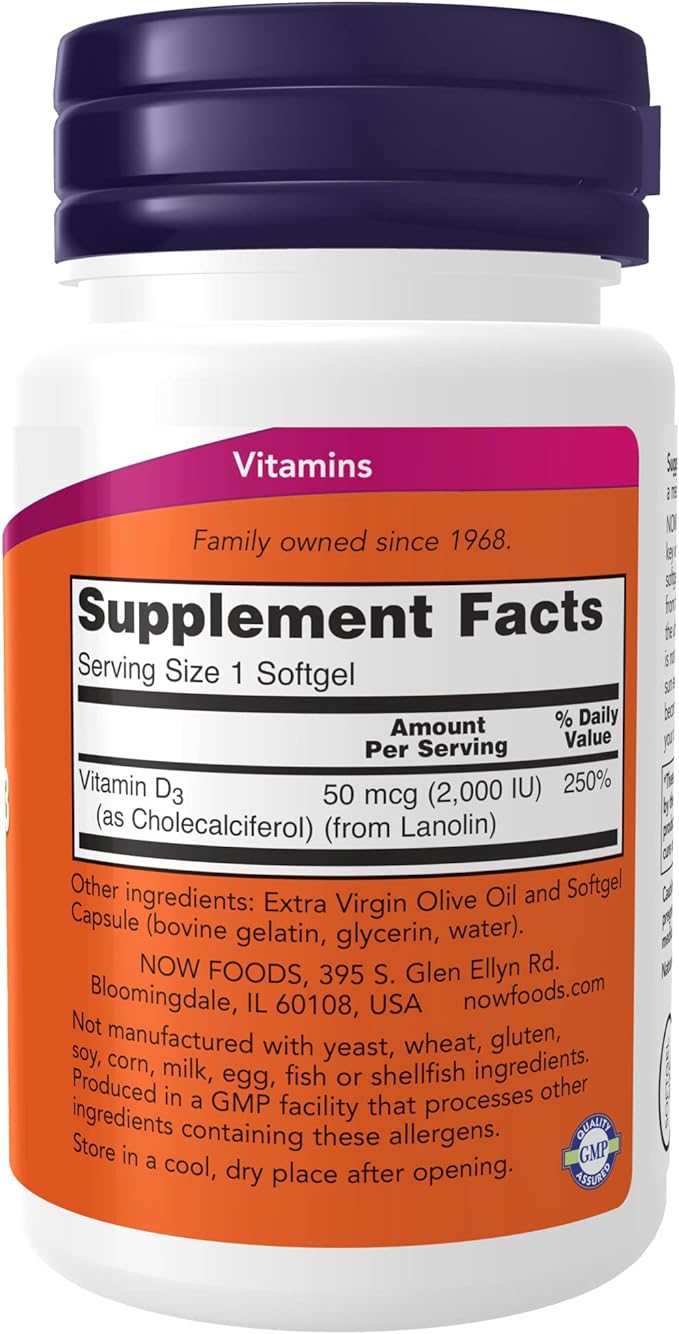 NOW Supplements, Vitamin D-3 2,000 IU, High Potency, Structural Support*, 30 Softgels (Pack of 2)