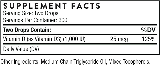 THORNE Vitamin D Liquid - Vitamin D Supplement - Supports Healthy Bones and Muscles, Cardiovascular Health, and Immune Function* - 1 Fl Oz (30 ml)- 600 Servings