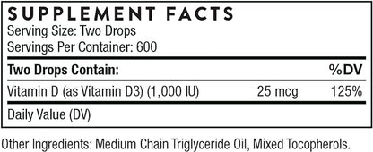 THORNE Vitamin D Liquid - Vitamin D Supplement - Supports Healthy Bones and Muscles, Cardiovascular Health, and Immune Function* - 1 Fl Oz (30 ml)- 600 Servings