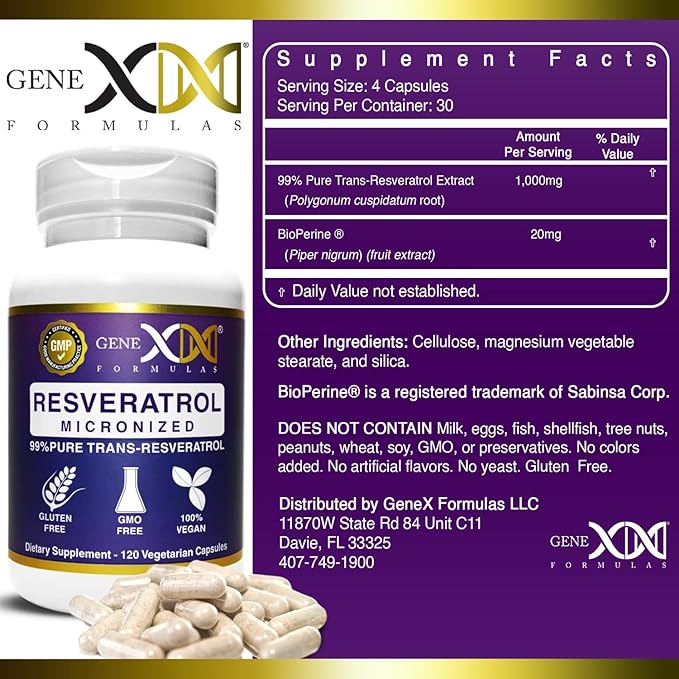 GENEX 99% Micronized Trans-Resveratrol with BioPerine for Absorption 1000mg | Pure Organic Pharmaceutical Grade Trans-Resveratrol Capsules for Healthy Aging, 120 Capsules (3)