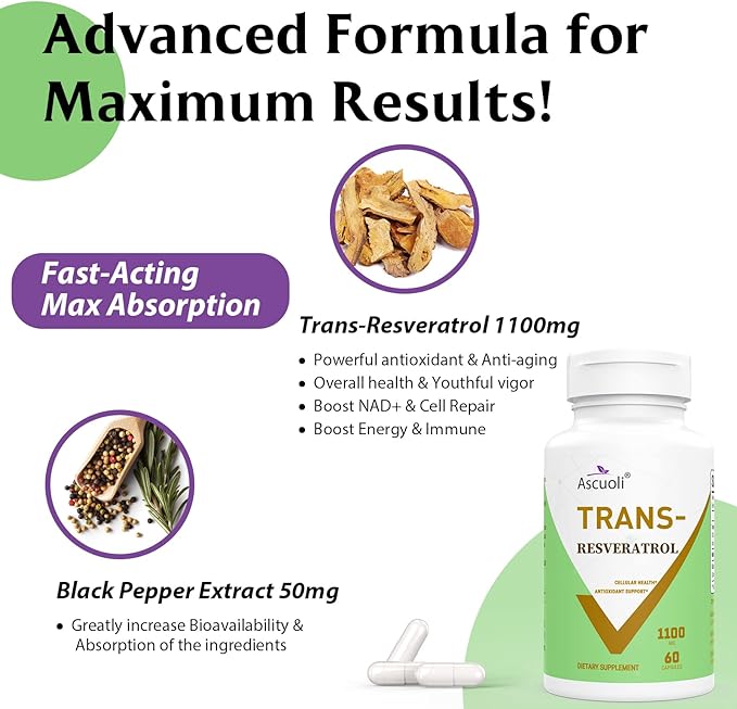 99% Ultra Purity Ascuoli Trans-Resveratrol 1100mg, 3-in-1 Advanced Formula Organic Resveratrol Supplement, Max Antioxidant Anti-Aging, Skin Health, Cell Repair Boost NAD+, Immune & Energy, 120 Capsule