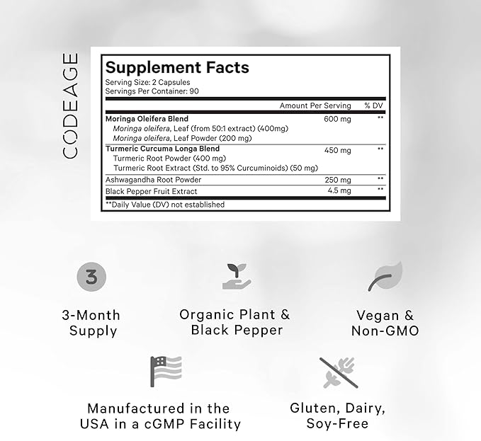 Codeage Liposomal Moringa+ Supplement, 400mg Moringa 50:1 Extract (20,000mg Moringa Oleifera Leaf Equivalent), Turmeric, Ashwagandha, Black Pepper, 3-Month Supply, Vegan Moringa Powder - 180 Capsules