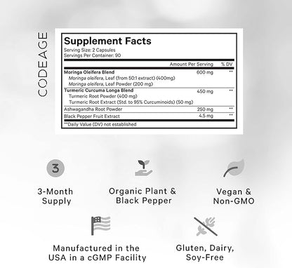 Codeage Liposomal Moringa+ Supplement, 400mg Moringa 50:1 Extract (20,000mg Moringa Oleifera Leaf Equivalent), Turmeric, Ashwagandha, Black Pepper, 3-Month Supply, Vegan Moringa Powder - 180 Capsules