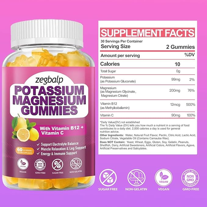 Sugar Free Potassium Magnesium Gummies for Adults Potassium Citrate with Magnesium Glycinate, Citrate, Vitamin B6 & C Supplement Supports Leg, Muscle, Mood, Energy & Immune (120 Counts)