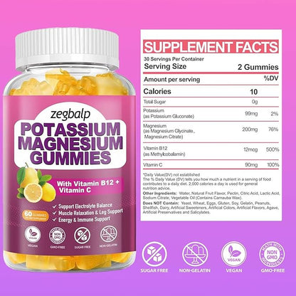 Sugar Free Potassium Magnesium Gummies for Adults Potassium Citrate with Magnesium Glycinate, Citrate, Vitamin B6 & C Supplement Supports Leg, Muscle, Mood, Energy & Immune (120 Counts)