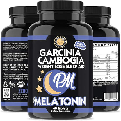 Garcinia Cambogia PM Weight Loss Sleep, All Natural Supplement w/Valerian Root & Melatonin to Help Burn Fat Overnight, Night Time Appetite Suppressant, Vegetarian Formula (1-Bottle)