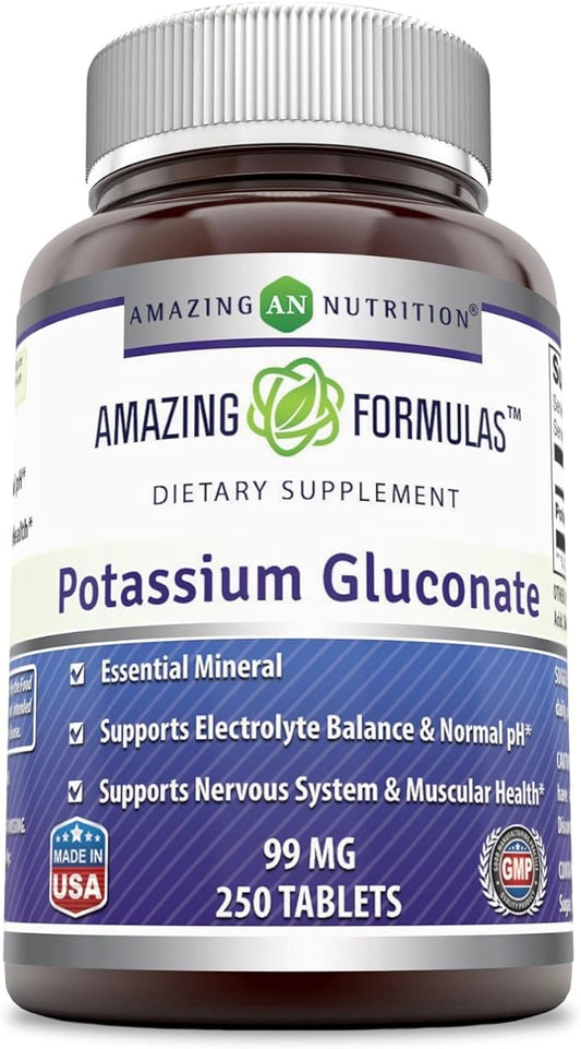 Amazing Formulas Potassium Gluconate Supplement | 99 Mg Per Serving | 250 Tablets | Non-GMO | Gluten-Free | Made in USA