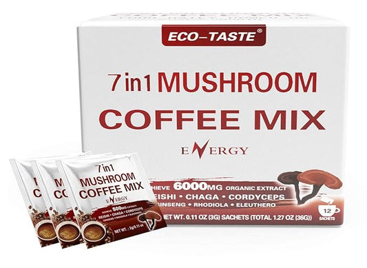 Mushroom Coffee Mix 7 in 1, TCM Designed for Energy with Reishi, Cordyceps, Chaga, Rhodiola, Ginseng, and Eleuthero Mushroom Extracts – 12 Sachets