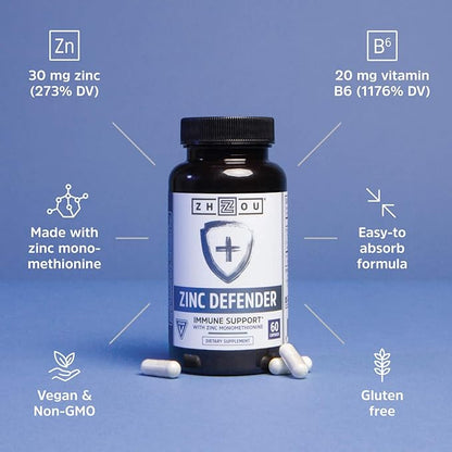 Zhou Nutrition Zinc Defender Capsules | Immune Support with Zinc Monomethionine | Gluten Free Zinc Supplement for Immune Support | 60 Capsules