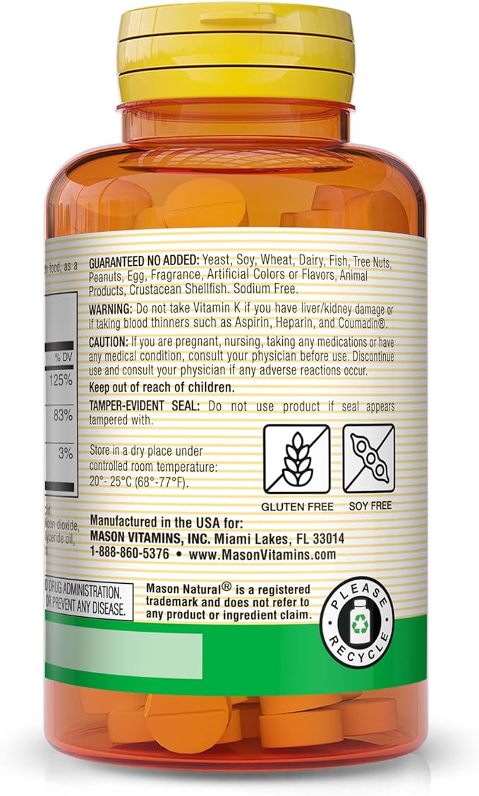 Mason Natural Vitamin K2 100 mcg Plus Vitamin D3 - Supports Bone, Cardiovascular & Muscle Health, 100 Tablets (Pack of 3)