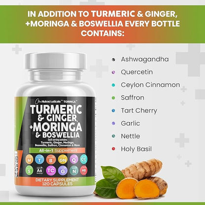 Turmeric Curcumin 30000mg Ginger 3000mg Moringa 50000mg Boswellia 3000mg Saffron 2000mg - Joint Support Supplement for Women and Men with Ceylon Cinnamon, Quercetin, Tart Cherry - 120 Caps