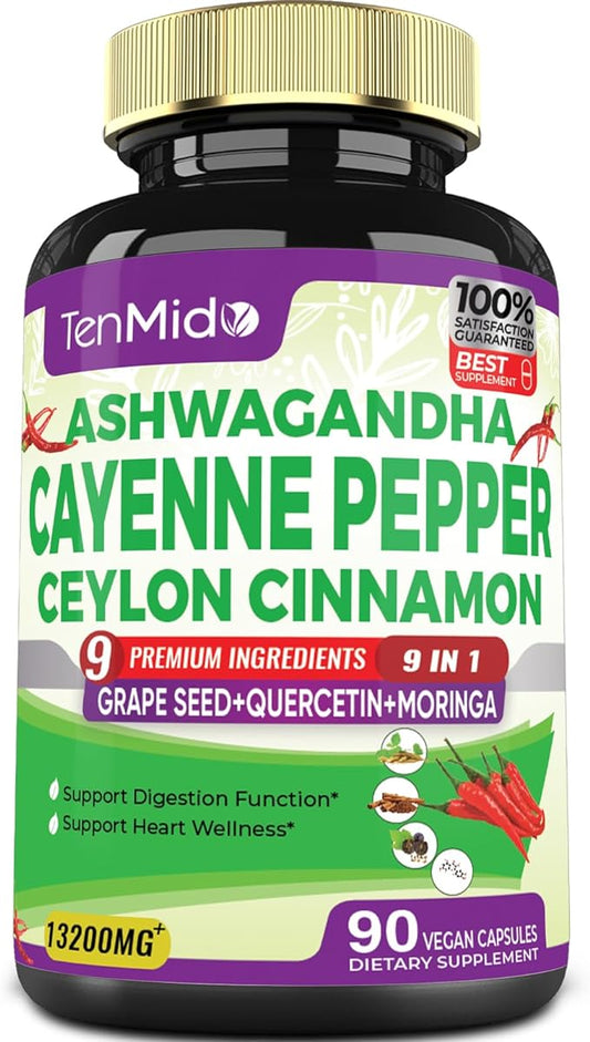 Cayenne Pepper Supplements Capsules 13200mg, 3 Months Supply & Ashwagandha, Ceylon Cinnamon, Grape Seed, Quercetin, Moringa, Ginkgo Biloba - Supports Cardiovascular, Promotes Digestive Health -90 Caps