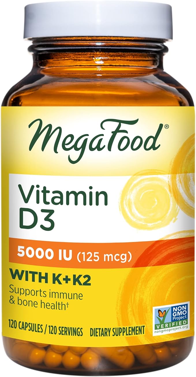 MegaFood Vitamin D3 5000 IU (125 mcg) - Vegetarian Vitamin D Supplements with Vitamin D3 K2, Supports Bones, Teeth, Muscles & Immune Health, Certified Non-GMO - 120 Mini Capsules, 120 Servings