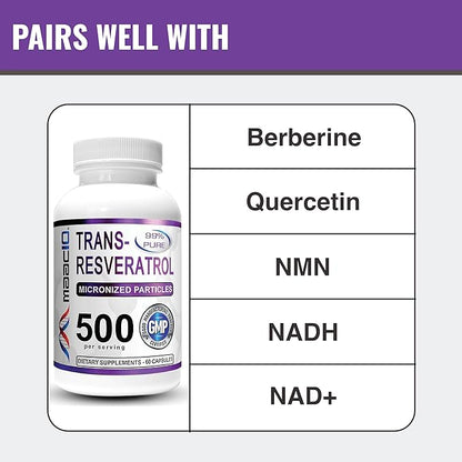 MAAC10 - Trans Resveratrol 500mg 3-Pack (Micronized Pharmaceutical Grade 99% Pure Trans-Resveratrol Extract + BioPerine for Superior Absorption).