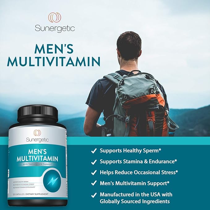 Sunergetic Premium Men’s Support Supplement – Powerful Multivitamin– Supports Energy, Stamina, Endurance & Stress Management – with Zinc, Ashwagandha, Maca, L-Carnitine & Vitamins – 120 Capsules