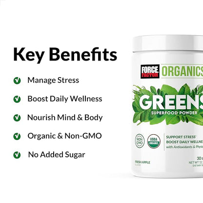 Force Factor Organics Greens Superfood Powder for Daily Wellness, Greens Powder with KSM-66 Ashwagandha, Moringa, Spirulina Powder, Vegan and Non-GMO, Fresh Apple, 30 Servings, 11.10 Ounce (Pack of 1)