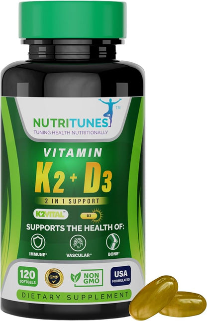 Vitamin K2 + D3 (120 Softgels) - Vitamin D3 K2 Supplement - Supports Cardiovascular & Bone Health - Non-GMO - Allergen-Free - 120 Softgels