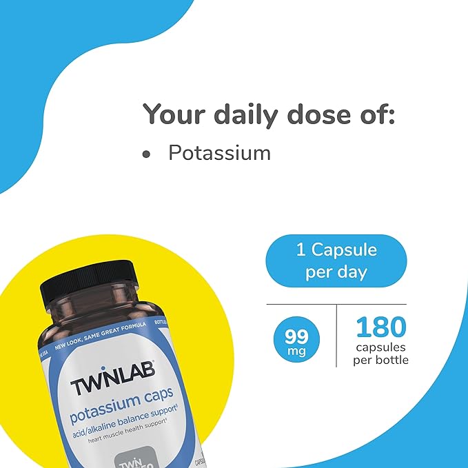 Twinlab Potassium Caps - Electrolyte Supplement for Muscle, Heart & Tissue Health - 180 Capsules, 99 mg