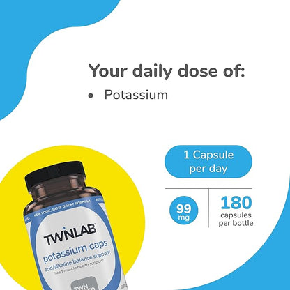 Twinlab Potassium Caps - Electrolyte Supplement for Muscle, Heart & Tissue Health - 180 Capsules, 99 mg