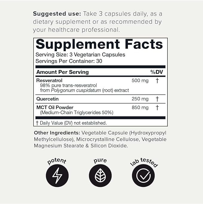 Toniiq 1600mg Resveratrol Blend - Ultra High Purity and 3rd Party Tested - with MCT Oil for Added Bioavailability - Optimal NAD Supplement