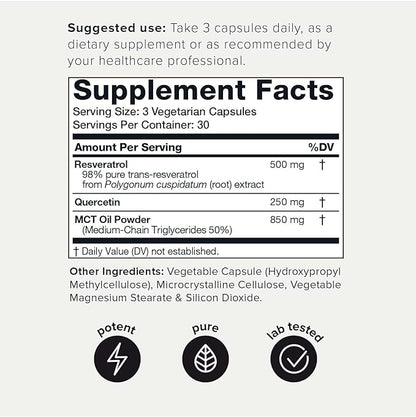 Toniiq 1600mg Resveratrol Blend - Ultra High Purity and 3rd Party Tested - with MCT Oil for Added Bioavailability - Optimal NAD Supplement