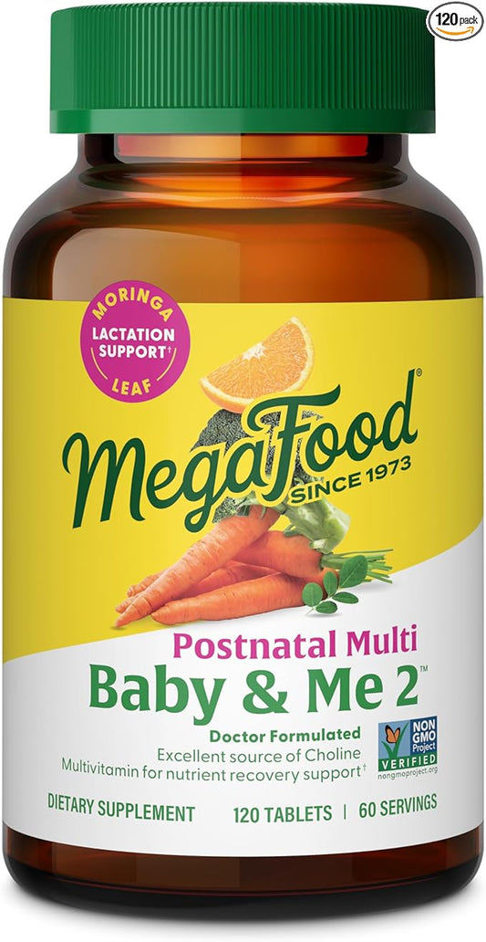 MegaFood Baby & Me 2 Postnatal Vitamins for Breastfeeding Moms with Folate (Folic Acid Natural Form), Choline, Iodine, Vitamin D, Moringa Leaf and More - 120 Tabs (60 Servings)