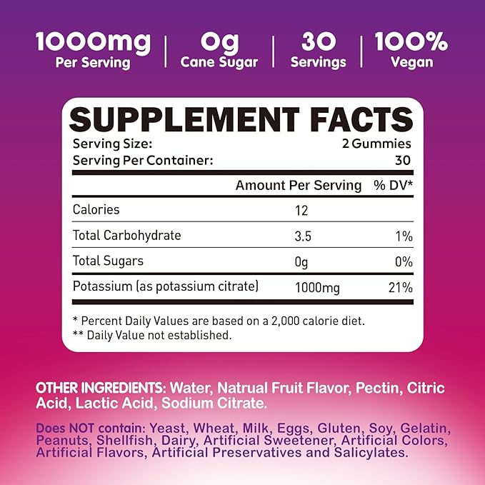 Potassium Citrate 1000mg Gummies, Potassium Supplement for Adults Women & Men, Support Leg Cramps & Muscle Health, 120 Chewables