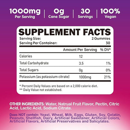 Potassium Citrate 1000mg Gummies, Potassium Supplement for Adults Women & Men, Support Leg Cramps & Muscle Health, 120 Chewables