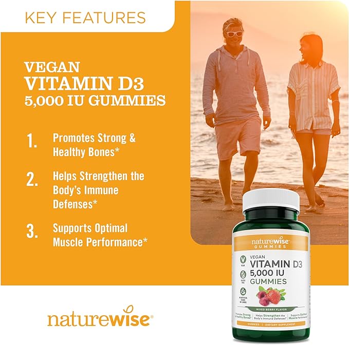 NatureWise Vitamin D3 5000 IU Gummies - Mixed Berry Flavor - Vitamin D Gummies for Adults, Immune Support Supplement, Muscle & Bone Strength - Vegan, Gluten Free, Non-GMO - 90 Gummies[45-Day Supply]