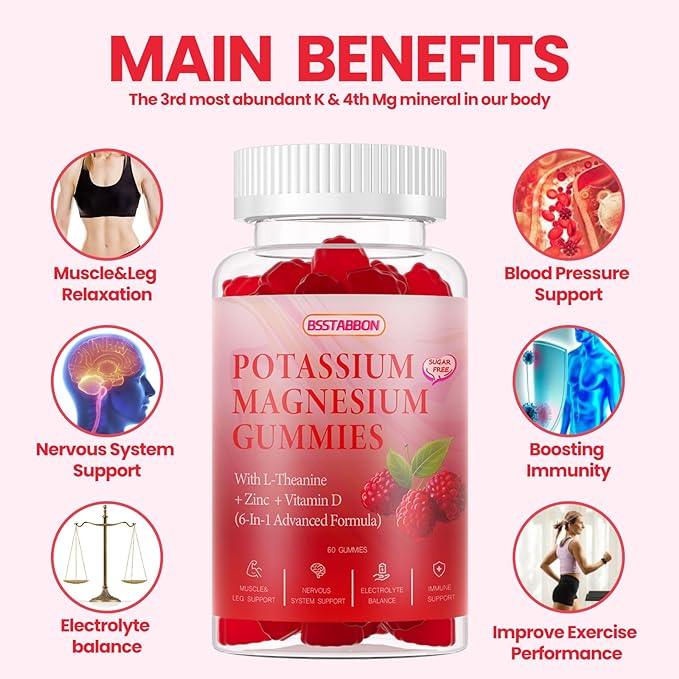 Potasium Magnesium Gummies -320mg Magnesium,100mg Potassium with L-Theanine Zinc Vitamine D for Men and Women 60 Count (60 Count)