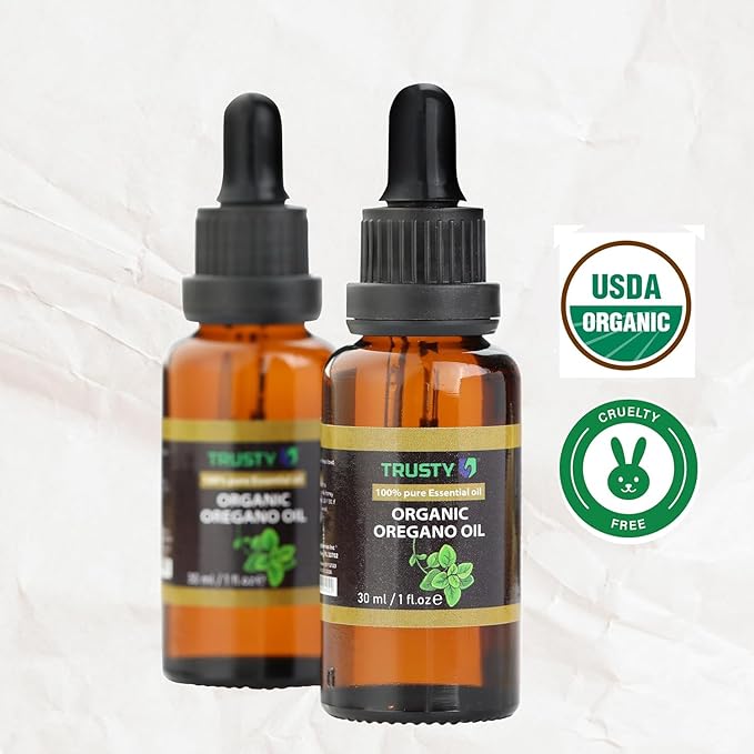 Trusty Organic Oregano Oil 30ml Super Concentrated USDA Organic Oil of Oregano Drops for Immune Support and Digestive Health - Vegan Non GMO 100% Pure Oregano Oil Drops for Kids and Adults