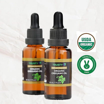 Trusty Organic Oregano Oil 30ml Super Concentrated USDA Organic Oil of Oregano Drops for Immune Support and Digestive Health - Vegan Non GMO 100% Pure Oregano Oil Drops for Kids and Adults